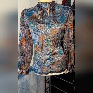 Elegant Blue and Orange 3/4 Sleeve Mandarin Collar Blouse Size 8 By EVA LAUREL